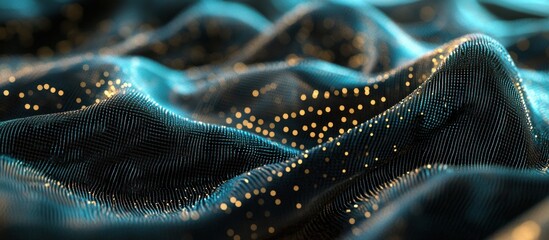 Abstract blue fabric with gold particles, flowing waves texture.