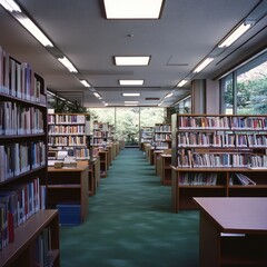 Serene library interior with bookshelves, desks, and green carpet.