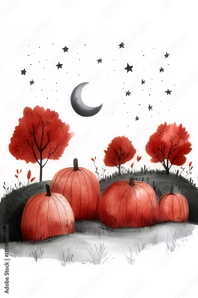 Wall mural Autumnal landscape with pumpkins, trees, and crescent moon under starry night.