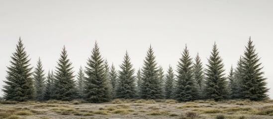 Fototapeta premium Row of evenly spaced pine trees on a flat, grassy field under a pale sky.
