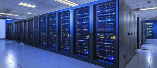 Data center server room with many racks of lit servers.