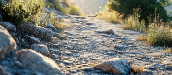 Obraz premium Sunlit stone path winding uphill through scenic mountain vegetation.