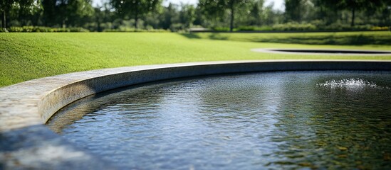 Naklejka premium Serene park pond with stone border and gentle fountain.