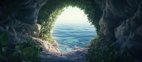 Obraz premium Serene ocean view from a lush, dark cave opening.