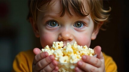 Naklejka premium A small child holds popcorn in front of him