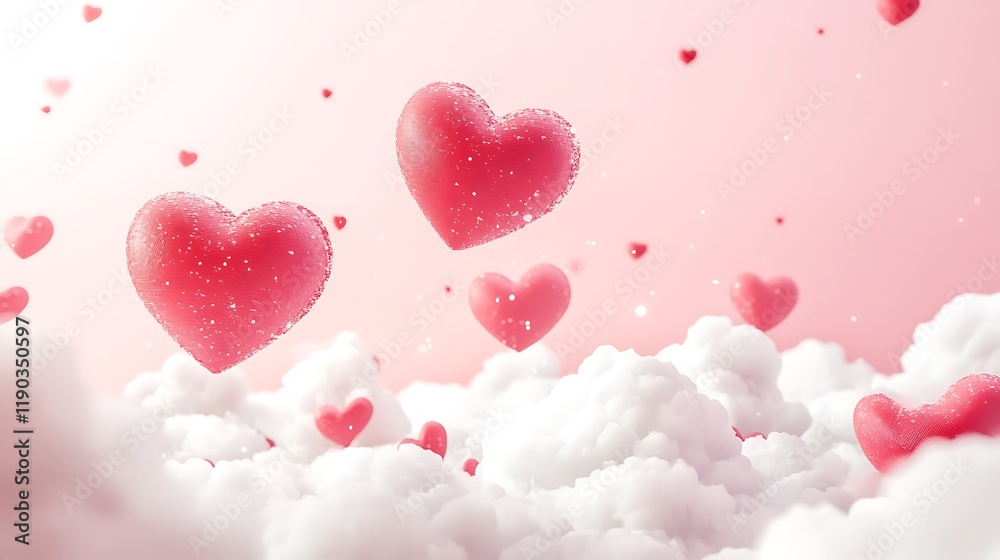 Canvas Prints Pink hearts floating on clouds, romantic background.