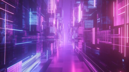 Obraz premium Futuristic neon city alleyway with vibrant pink and blue glowing lines and digital structures.
