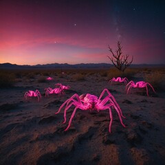 A surreal pink desert scene with glowing bioluminescent scorpions.
