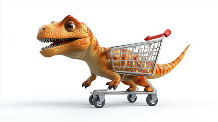 A dynamic 3D illustration of a friendly dinosaur shopping with a cart, capturing the essence of a lighthearted retail concept, ready for easy use with a clipping path.