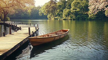 Obraz premium Wooden dock with rowboat by serene spring lake