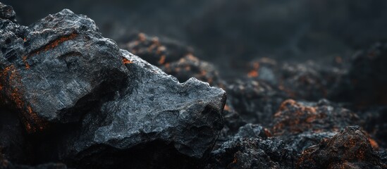Close-up of dark, rough volcanic rock with glowing embers.