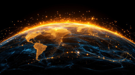 Global Network, Illuminated: A stylized Earth glows with a fiery energy, its continents outlined by a vibrant network of connections.  The image suggests global connectivity, digital communication.