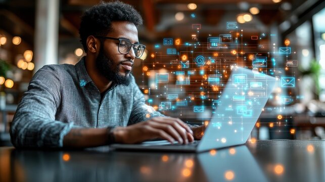 Focused man working on laptop, digital icons.