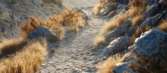Fototapeta premium Sunlit mountain path with rocks and dry grass.