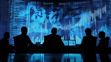 A meeting of officials discussing monetary policies with charts and graphs in the background.