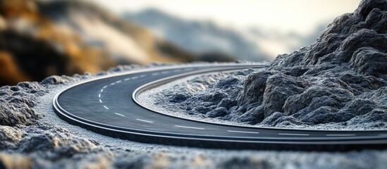 Asphalt road curves around a rocky mountain.