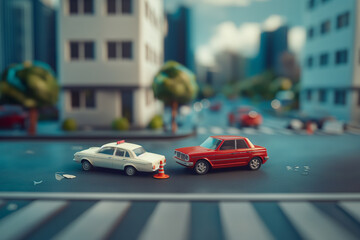 A playful scene of miniature cars on a city street, capturing a dynamic and creative perspective of urban life