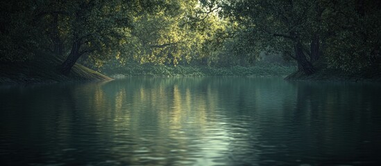 Fototapeta premium Serene river reflecting lush green trees, misty morning atmosphere.