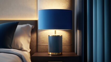 Modern blue table lamp illuminating hotel room in evening