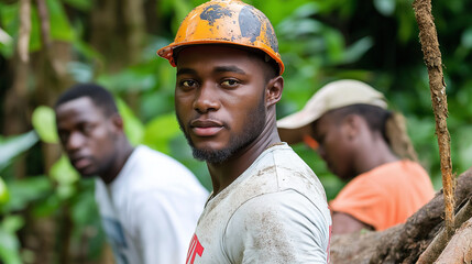 African agricultural workers in natural setting. Perfect for sustainable farming, community development, and agricultural initiatives.