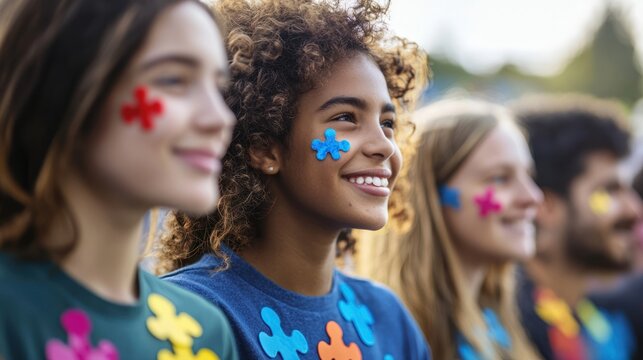 A group of diverse people wearing autism awareness pins at a community event. - Powered by Adobe
