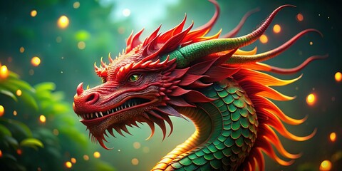 Chinese New Year 2024 Dragon Portrait: Red Dragon Head and Torso on Green Background