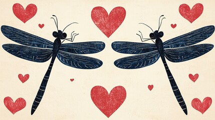 Two stylized dragonflies facing each other, surrounded by red hearts on a light background, conveying a theme of love and connection. Valentine