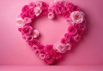 A heart-shaped arrangement of pink and white roses against a pink background, creating a romantic and vibrant atmosphere.
