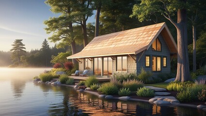 Obraz premium A serene eco-friendly lakeside bungalow with a cedar shake roof and large windows, nestled among towering trees and lush greenery.
