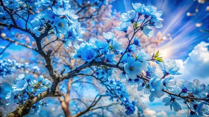 Double Exposure: Blooming Tree with Blue Flowers Against a Vibrant Sky - Surreal Nature Photography