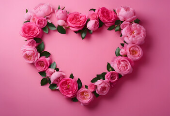 Obraz premium A heart-shaped arrangement of pink roses and peonies on a pink background, creating a romantic and elegant floral display.