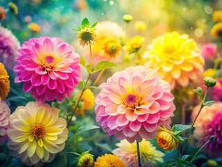 Fototapeta premium Double Exposure: Pink & Yellow Garden Flowers, Dreamy Floral Art