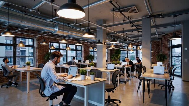Modern Open-Plan Office Space with Remote Workers