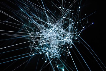 Fototapeta premium Abstract glowing lines and nodes forming a complex network structure on black background.