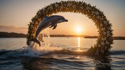 Obraz premium A dolphin leaps through a floral arch at sunset over tranquil waters.