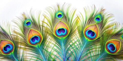 Obraz premium Five Vibrant Peacock Feathers on Pure White Background - Elegant Nature Stock Photo
