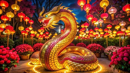 Obraz premium Golden Snake Sculpture, Red Lanterns & Flowers: Chinese New Year Prosperity