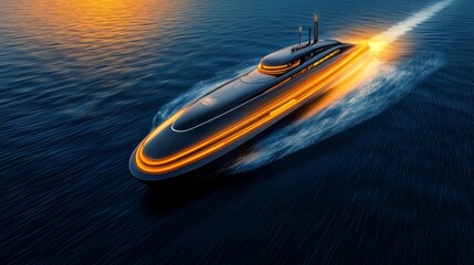 Luxury yacht cruising across calm waters during sunset, showcasing advanced design and glowing features