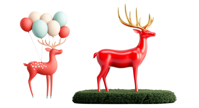 Red deer figure with antlers isolated on white background, representing minimalism and charm of Christmas spirit