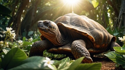 Fototapeta premium A turtle resting among lush greenery with sunlight filtering through the leaves.