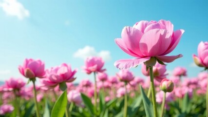 Fototapeta premium a huge field of pink peonies on a sunny summer day