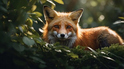 Obraz premium A close-up of a fox nestled among foliage in a serene natural setting.