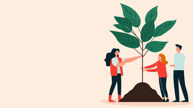 Community support charity participation concept. Community gathering, volunteers planting trees, flat design illustration