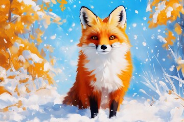 Fototapeta premium A vibrant red fox standing in a snowy forest. Generative AI