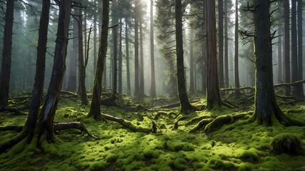 Obraz premium Sunlit Serenity: Juniper Forest with Mist and Lush Green Moss