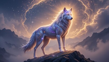 Fototapeta premium Celestial Wolf: A majestic white wolf stands on a rocky crag, bathed in ethereal golden light. Its fur is adorned with constellations, a symbol of strength, wisdom, and connection to the universe.