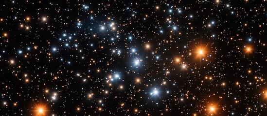 Stellar cluster with orange and blue stars in dark space.
