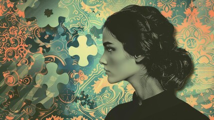 Pensive Woman Profile with Puzzle Piece Overlay and Ornate Pattern