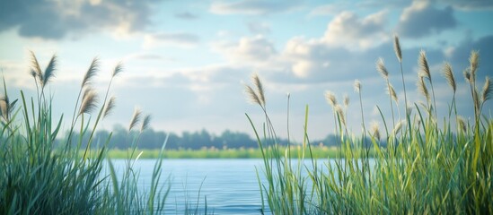 Serene lake view with tall grass and cloudy sky.