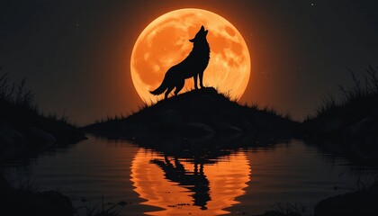 Fototapeta premium Wolf Howling at the Blood Moon: An evocative silhouette of a lone wolf howling at the blood moon, casting a dramatic shadow on the tranquil waters below. Its haunting cry echoes across the night.